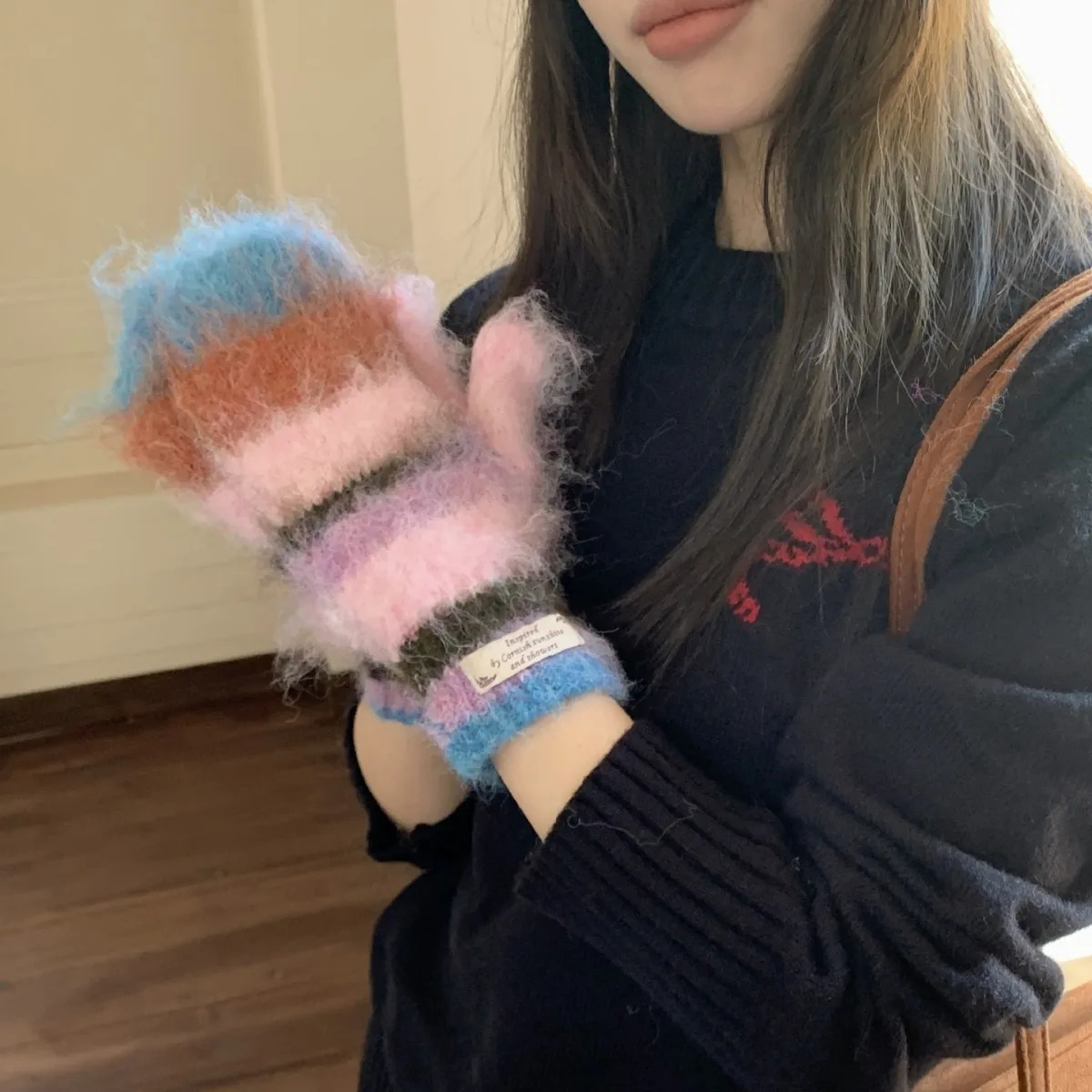 Korean Style Autumn and Winter Women Striped Fluffy Wool Beanie Cap Knitted Gloves Warm Suit Knitted Beanie 250930