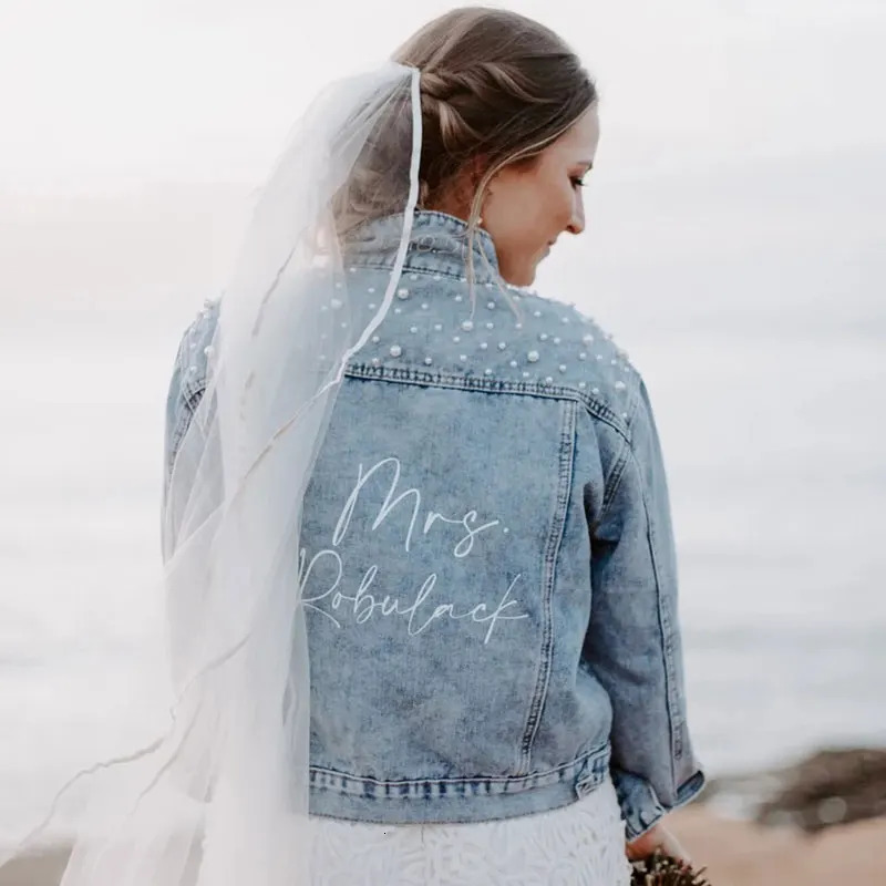 PERSONALIZED Statement Denim Bridal Jacket Custom Name Pearl Detailing MRS Date Placement On Collar Bride Gift y250929