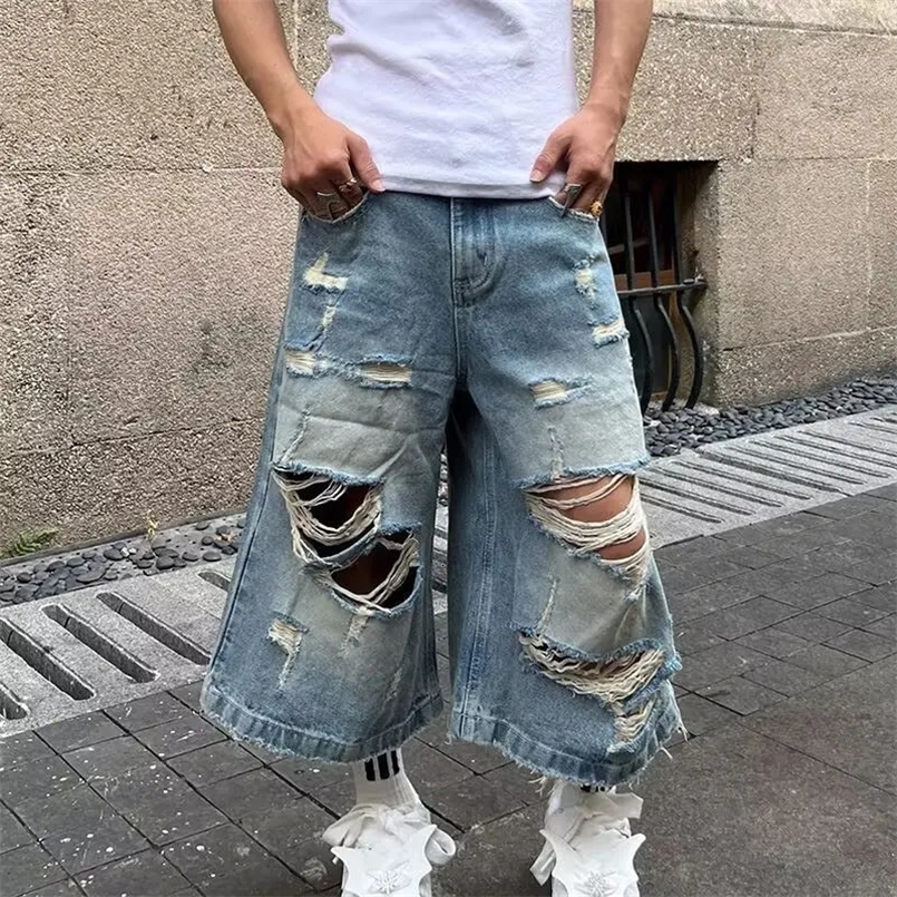 DM Summer Vintage Blue Ripped Short Jeans Mens Oversized Distressed Jorts Baggy Boyfriend Denim Shorts Wide Streetwear 250618