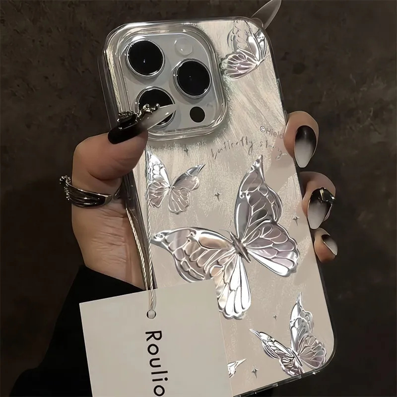 For Iphone 17 Pro Max Butterfly Design Case, Silver Foil Dream Butterfly Case,cute Bling Shiny Glitter Shockproof Protective Phone Cases Cover For Wom