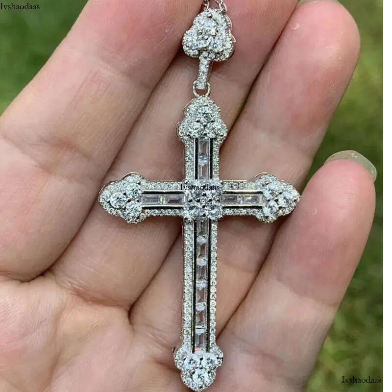 Rulalei Vintage Gorgeous Big 5A Cubic Zircon CZ Dia Sterling sier Cross Pendant Necklace for Women Men Party Wedding jewelry Gift