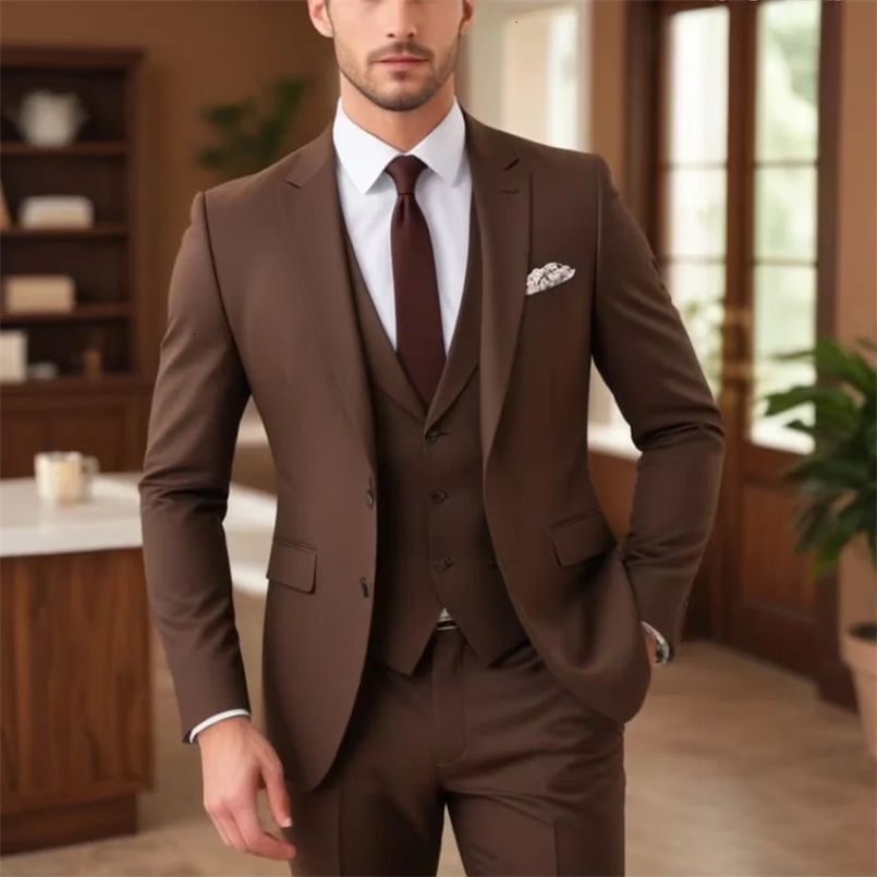 Dark Brown Suits for Men Fashion Single Breasted Solid Male Suit Business Casual Formal Wedding Party Tuxedo 3 Piece 241225