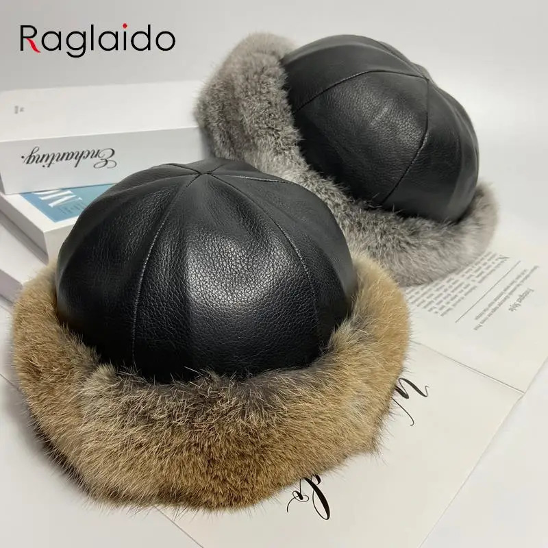 bunny hat women winter fluffy warm rabbit fur beanie hat men women leather caps real fur outdoor snow hat 250930