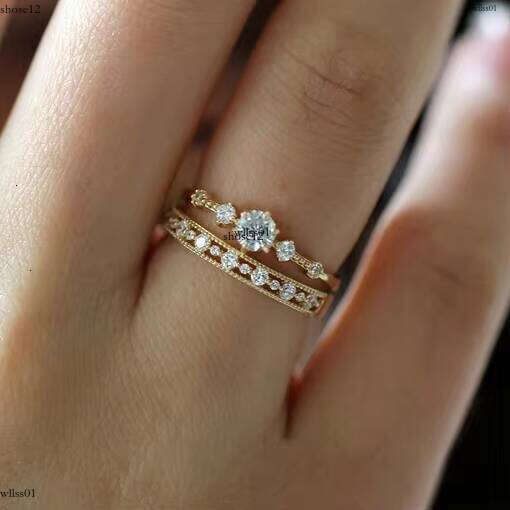 2-Piece Grass Stone Set New Silver gold Cute Thin Straight Pull Women Small Eternal Stacking Ring for Girls