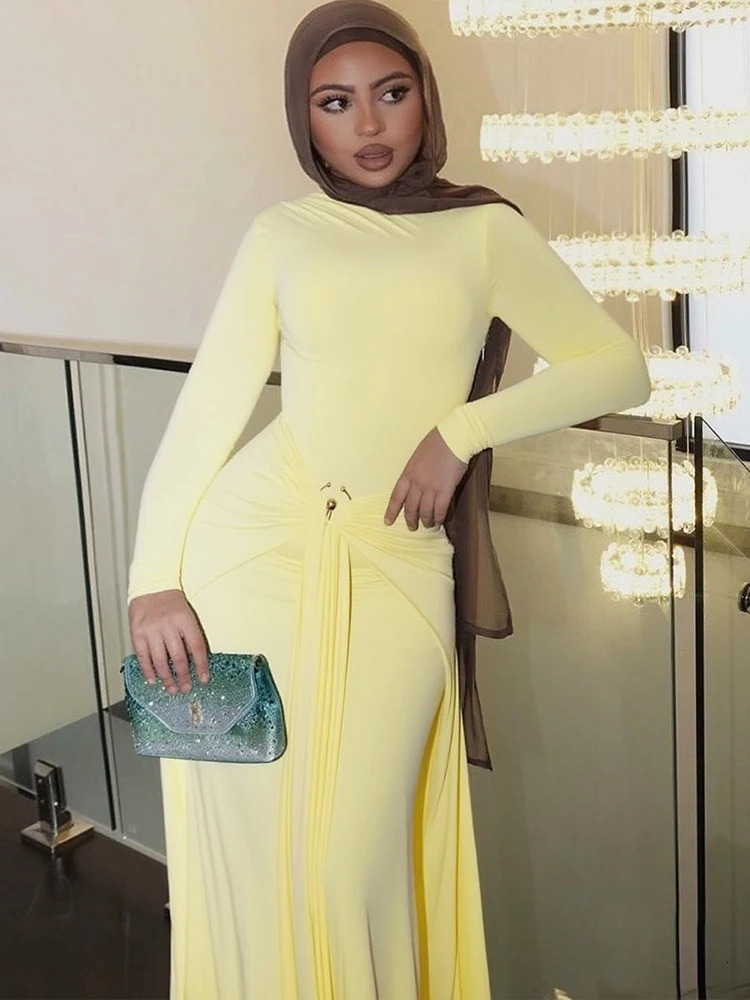 Sisterlinda Sequined Pleated Maxi Dress Classic Solid Full Sleeve Crew Neck Ribbons Sheath Long Robe Mujer Hipster Evening Wear 250922