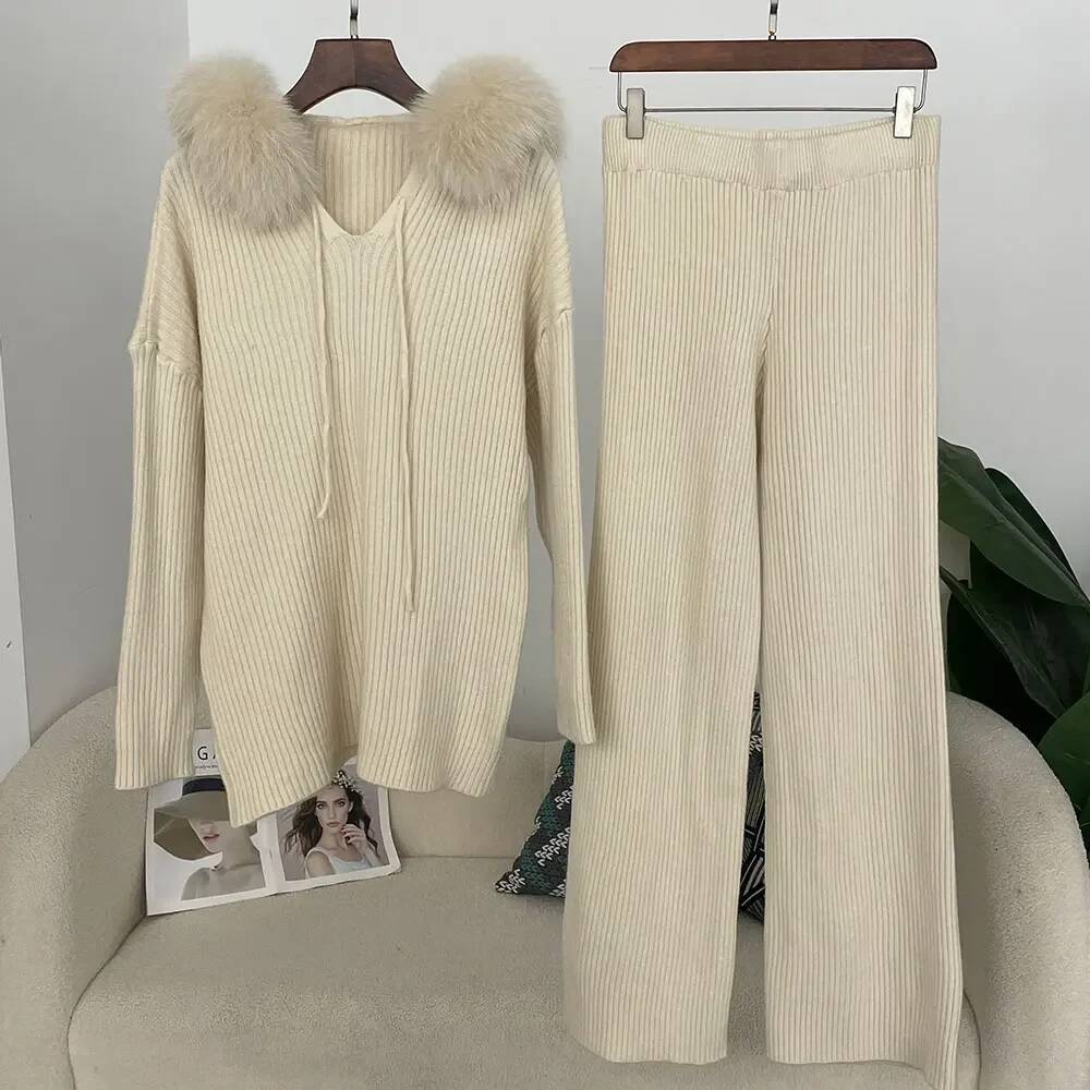 OFTBUY Women Knitwear Set Spring Autumn Real Fox Sweater Fashion Natural Fur Cuffs Long Pants Knitted Suit