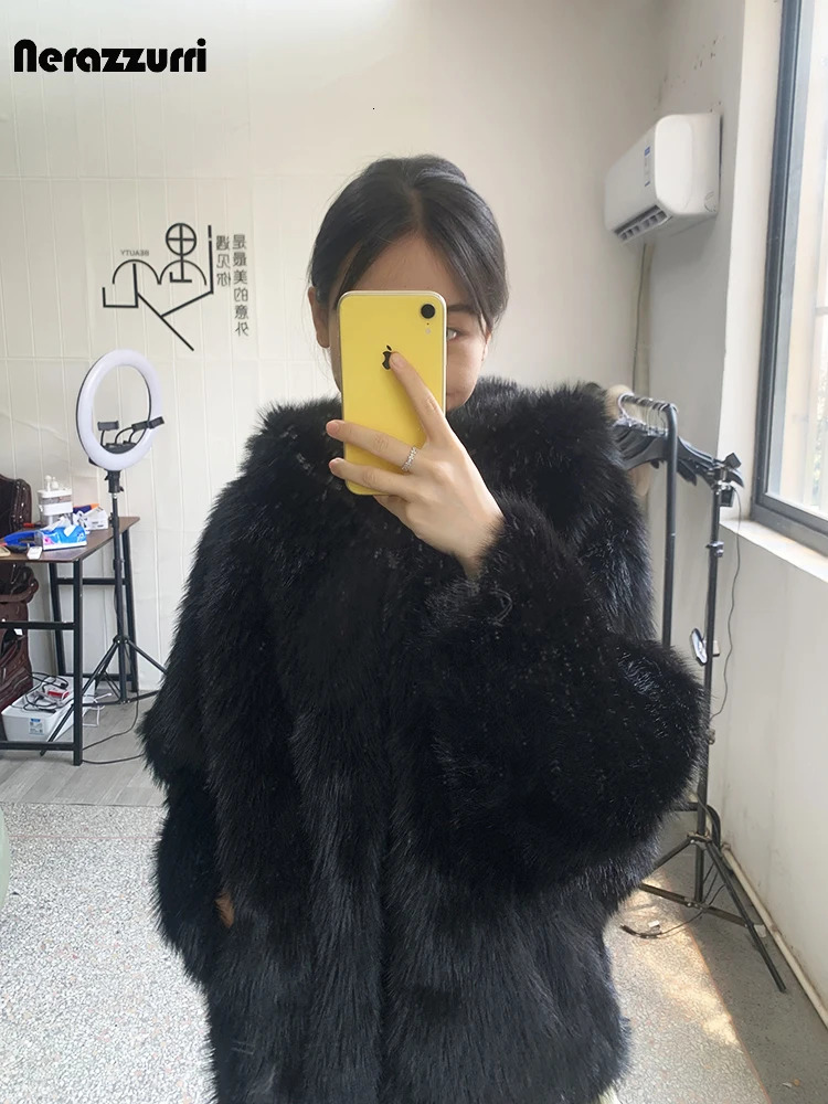 Nerazzurri Autumn Winter Oversized White Black Warm Shaggy Hairy Faux Fur Coat Women with Hood Loose Casual Fluffy Jacket 251029