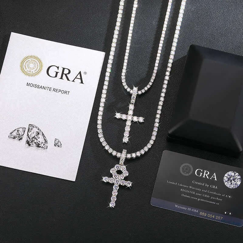 Pass Tester Sterling Sier VVS Moissanite Dia Ankh Cross Pendant 4mm Tennis Chain Necklace Jewelry Set