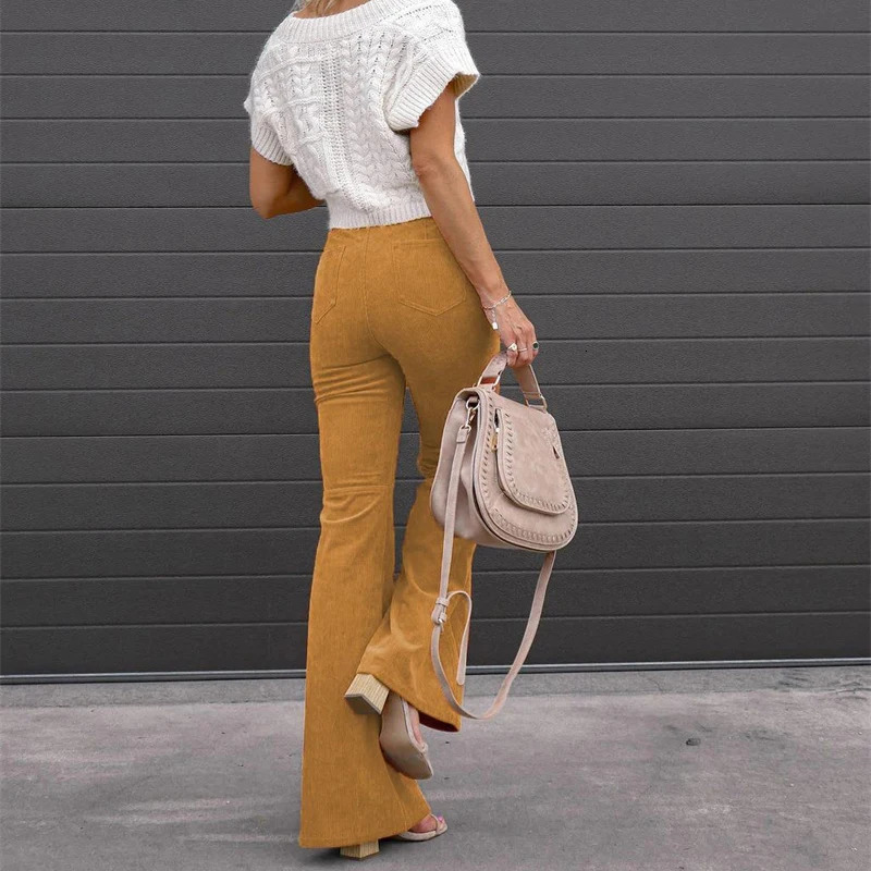 Corduroy Casual Trousers Women Autumn Winter Solid Highwaist Flare Lady Slim Black Gray Khaki Orange Long Pants Z260314