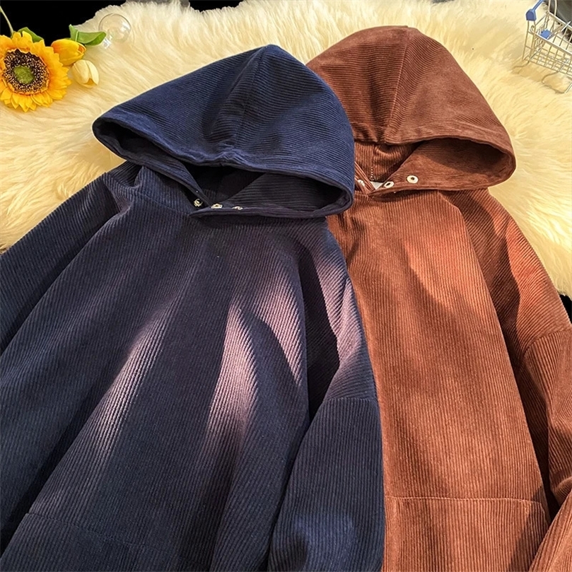 Classic Mens Hooded Sweatshirt Casual Comfortable Corduroy Hoodie Spring and Autumn Solid Color Unisex Pullover 240430