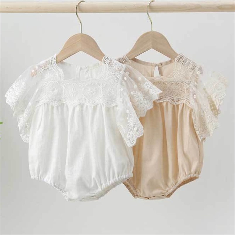 Rompers Korean Style Infant Baby Girls Jumpsuit Toddler Baby Girl Romper Lace Stitching Cotton Linen Short Sleeve Baby Girls Clothes 230418