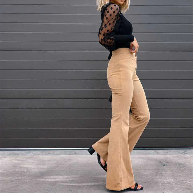 Corduroy Casual Trousers Women Autumn Winter Solid Highwaist Flare Lady Slim Black Gray Khaki Orange Long Pants Z260314