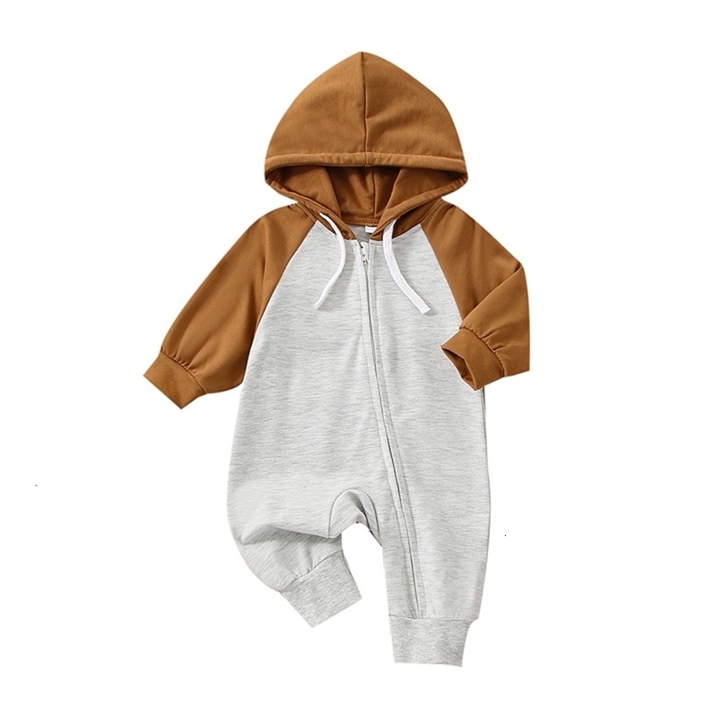 Rompers Baby Romper Contrast Color Long Sleeve Hooded Jumpsuit with Zipper Autumn Outfit for Girls Boys 0-24 Months 230425
