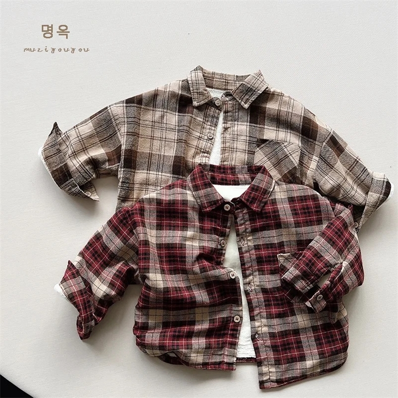 Korean Autumn Winter Young Kid Boys Shirts Cotton Velvet Long Sleeve Infant Boys Coat Retro Fleece Plaid Baby Boys Cardigan 231226