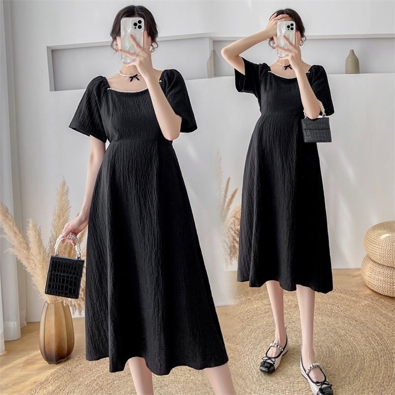 Maternity Dresses 929# Summer Korean Fashion Black Maternity Midi Dress Elegant A Line Slim Clothes for Pregnant Women Beading Pregnancy 230428CJ