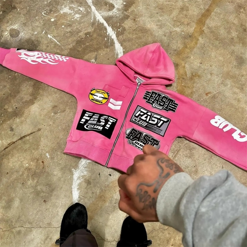 American pink sweatshirt zip up hoodie streetwear oversized 2000s harajuku y2k tops casual hoodies tracksuit men clothing 240722