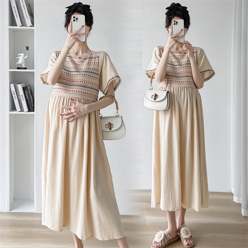 Maternity Dresses 609# Summer Vintage Embroidery Patchwork Maternity Long Dress Elegant Loose Clothes for Pregnant Women Pregnancy Casual Wear 230428C