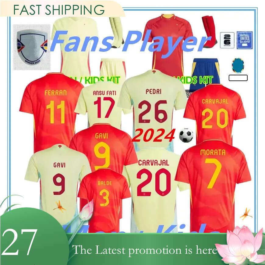 2024 2025 Spain National Team Soccer Jersey Set for Men Kids, Red and Yellow, Breathable Fabric, Football Shirt with Shorts, Youth & Adult Sizes
