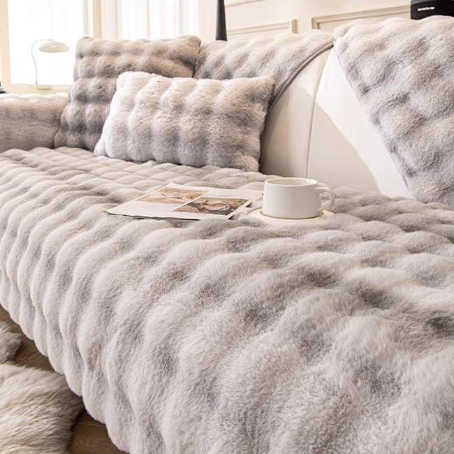 Camellia Rabbit Fur Gradient Color Covers For Sofa, aux Fur Cover, Luxury Soft Faux Fur Fleece Sofa Cover Cover,Non-Slip Cover Protector