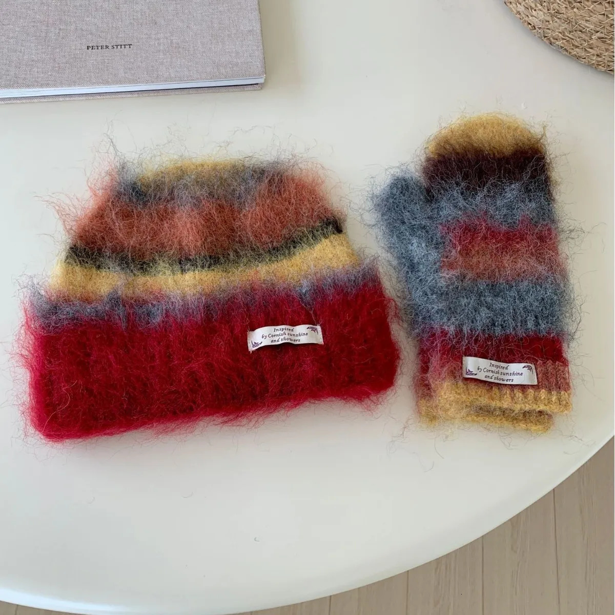 Korean Style Autumn and Winter Women Striped Fluffy Wool Beanie Cap Knitted Gloves Warm Suit Knitted Beanie 250930