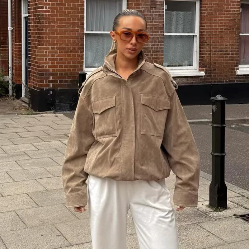 MUJER Suede Bomber Jacket Woman Oversized Demiseason Jackets for Women Outerwears Winter Overcoat Female Zip Womens 250922