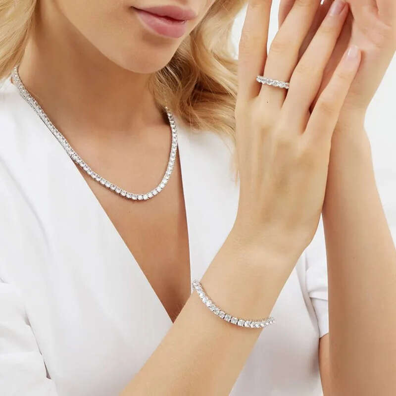 1 Row 4mm Wide 3 Prong CZ Dia Necklace For Women Stainless Steel Plated Gold Tennis Chain Hip Hop Bracelet Designer Jewelry Woman Valentines Day Gift