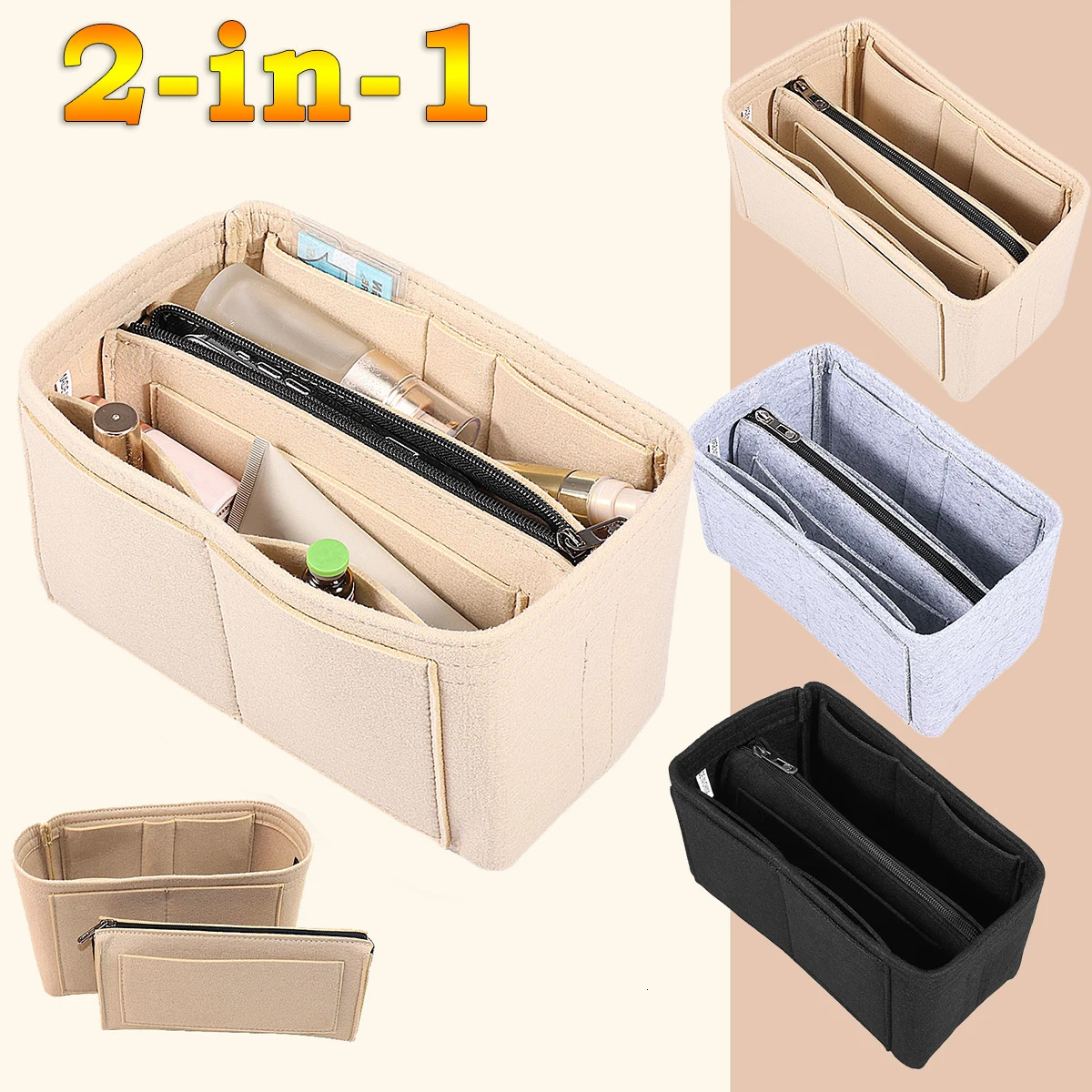 2 in 1 Felt Insert Bag Purse Organizer Insert Liner Travel Portable Makeup Bag Support Storage Bag for Most Handbag Tote 250930