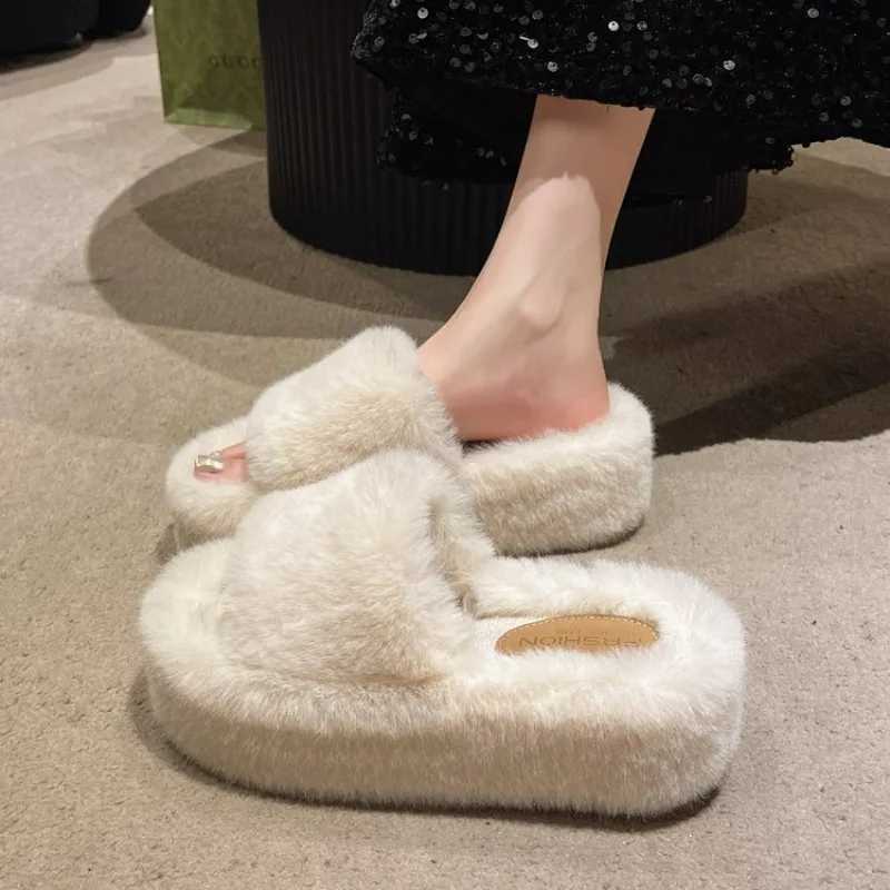 sandals Woman Real Rabbit Fur Platform Plush Fluffy Furry Slippers Ladies Winter Warm Cute Soft Home Indoor House Bridal Slipper Z250929