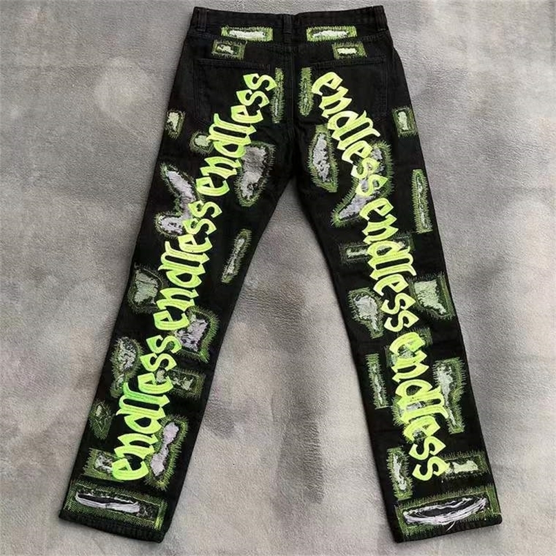Mens Jeans Heavy Craft Washed Broken Embroidered Alphabet High Street Black Men Women Unisex 230329