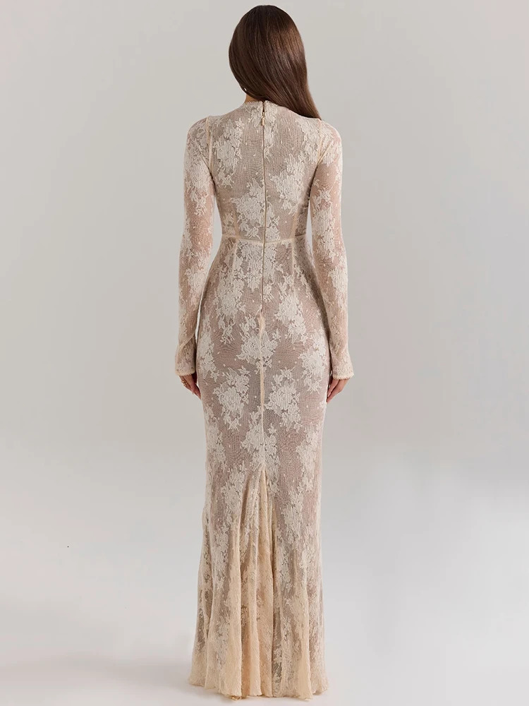 Mozision Lace Print Long Sleeve Sexy Maxi Dress For Women White Zipper Half High Collar Bodycon Fashion Elegant Long Dress 250929