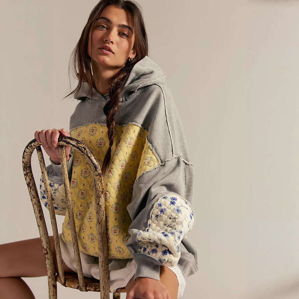 2025 Autumn Winter New Cross-Border European and American Women's Clothing Hooded Embroidered Patchwork Sweatshirt Pullover Casual Top for Women