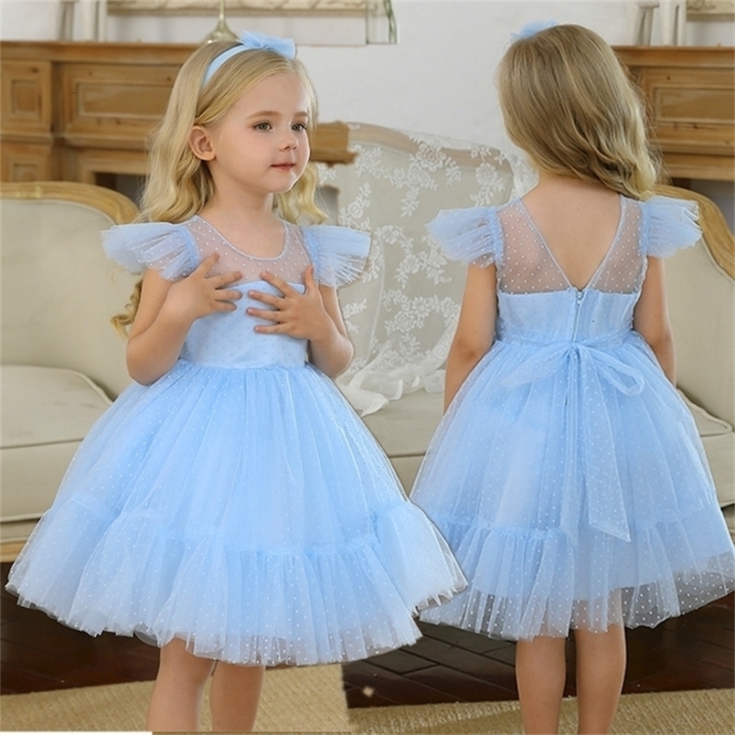 Girl's Dresses 4-10T Girl Princess Dress Kids Short Sleeve Dot Birthday Tulle Tutu Gown Evening Party Costume Toddler Casual Clothes 230413