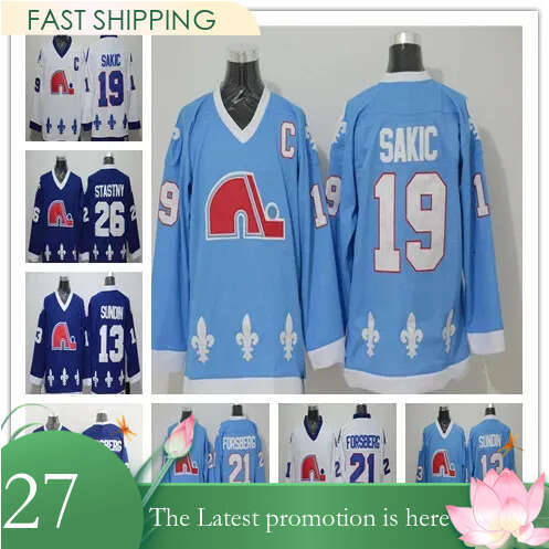 Men's Retro Quebec Nordiques Jerseys Hockey 13 Mats Sundin 21 Forsberg 26 Peter Stasy 19 Joe Sakic Light Blue White Uniforms