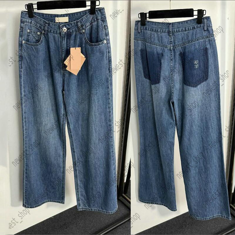 Designer Women Blue Jeans Vintage Style Straight Denim Pants Letter applique High-waisted straight jean Spring Trousers