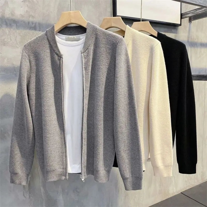 Spring and Autumn Korean Edition Trend Stand Collar Solid Color Pit Stripe Slim Fitting Highend Mens Sweater Cardigan 240717