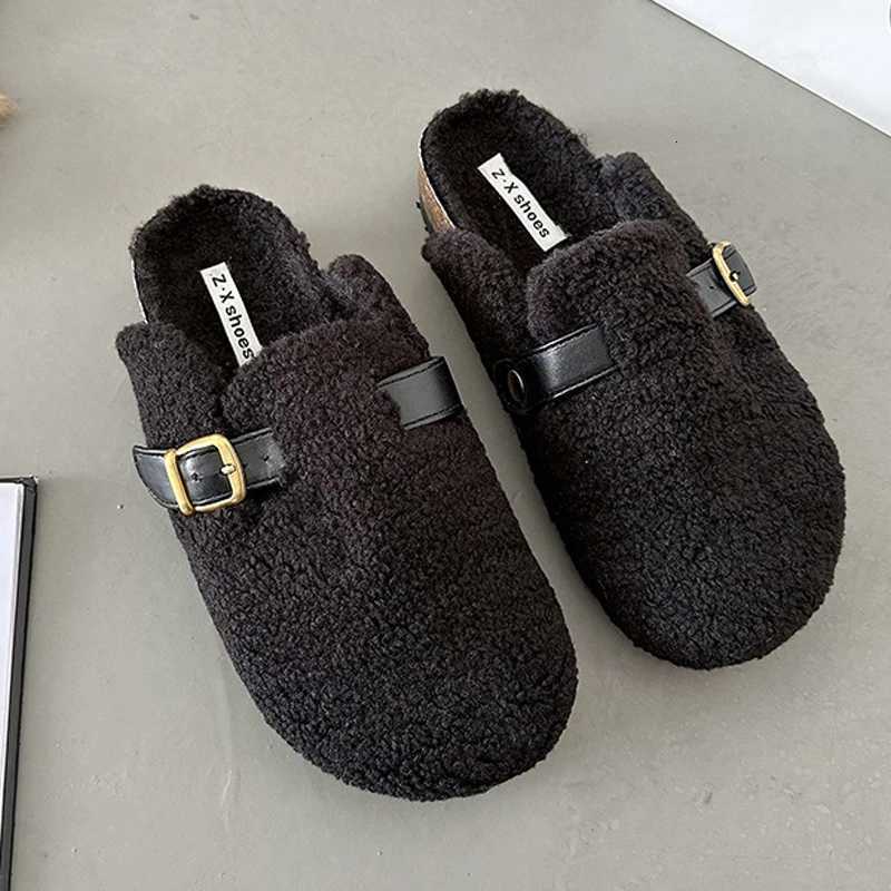 Luxury Designer Lambswool Winter Cotton Shoes Women Slippers Warm Plush Curly Sheep Fur Flats Buckle Belt Mules Mocasines Mujer Z250929