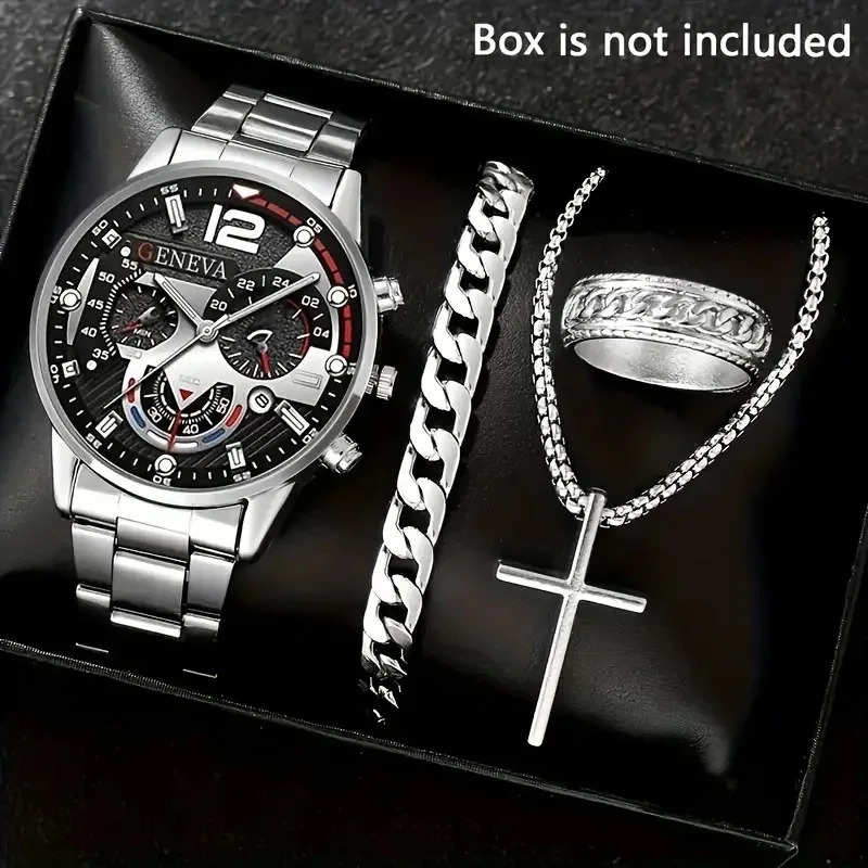 Men Business Quartz Watches 4pcs Set Gold Alloy Roman with Calendar Wrist Watch Cross Necklace Bracelet Ring Set Men Gift 250928