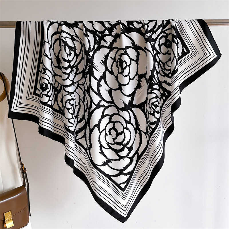 Scarf Simple Line Shawl Twill Silk Large Square Scarf 90cm Autumn Winter Travel Headscarf H250930