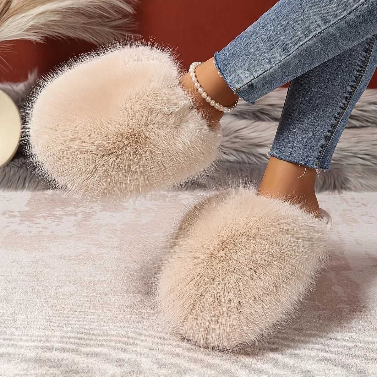1 Pair Elegant Faux Fur Slippers for Women IndoorOutdoor House Shoes Korean Style Warm Flat NonSlip Rubber Sole Pure Color Z250929