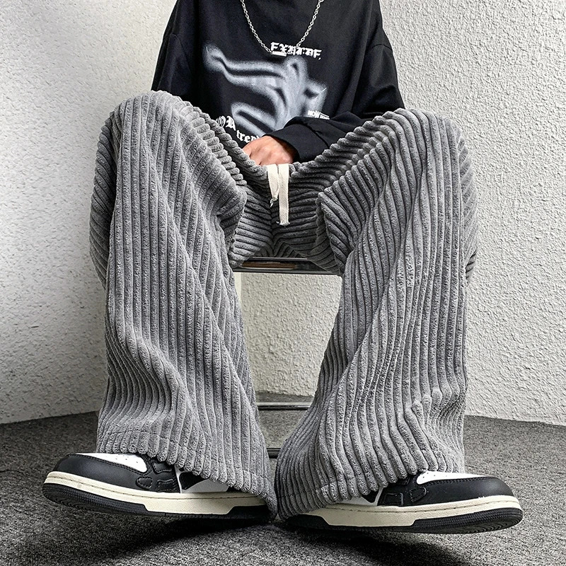 Corduroy Pants Mens Straight Solid Color Drawstring Unisex Wide Leg Oversized Trousers Casual Japanese Style Male 250929