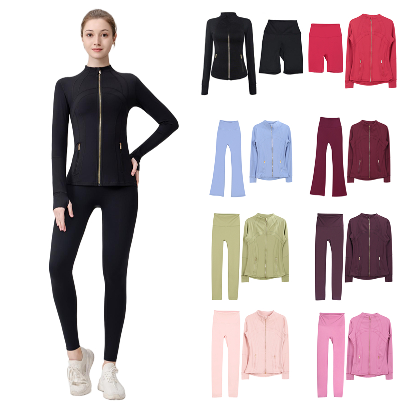Workout Set Yoga Jacket Sets Gym Suits Gold Zipper Jacket Shorts Leggings Flared Pants Womens Gym Sports Suits Slim Fit fitness Sets Zip Up Coat Elastic Sportswear