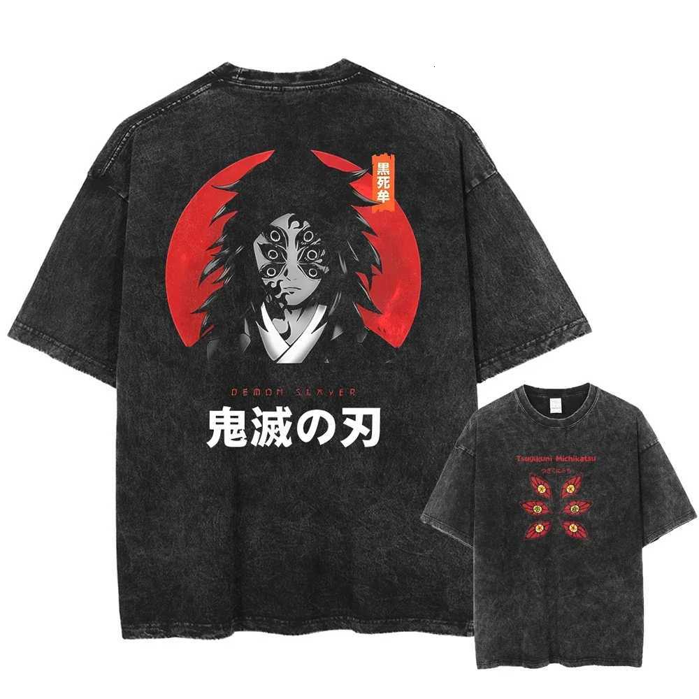 Vintage mens washed Tshirt Demon Slayer Animation Tshirt Harajuku Tshirt 100 cotton fashion streetwearXJ250929