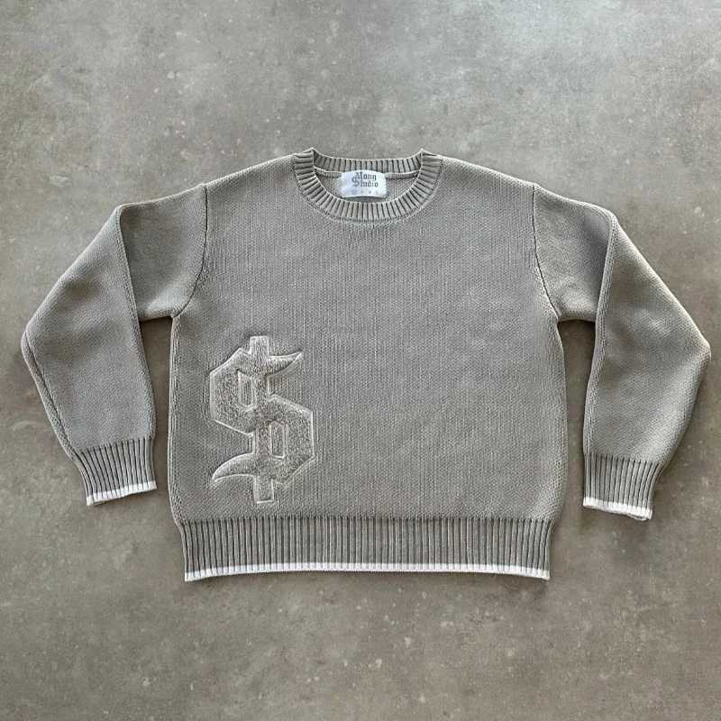 Y2K Grey Long Sleeve Sweater Dollar Gothic Embroidery Pullover Goth Retro Casual Streetwear Old Money Men Boxy Knitted ClothingXJ250929