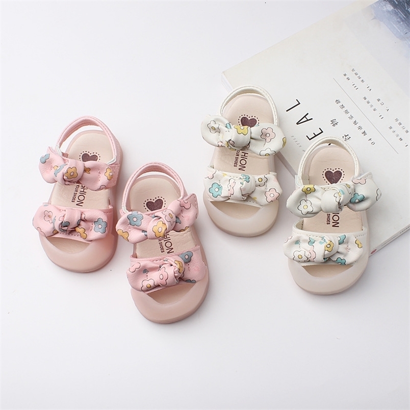 Sandals Summer Sweet Princess Shoes Baby Fashion Breathable Flower Print Bowtie Toddler Shoes Soft Bottom Girls' Sandals 230417