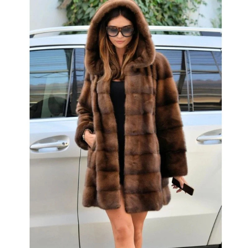 Womens mink fur coat medium long hooded coat fur plus size casual winter warm loose 251029