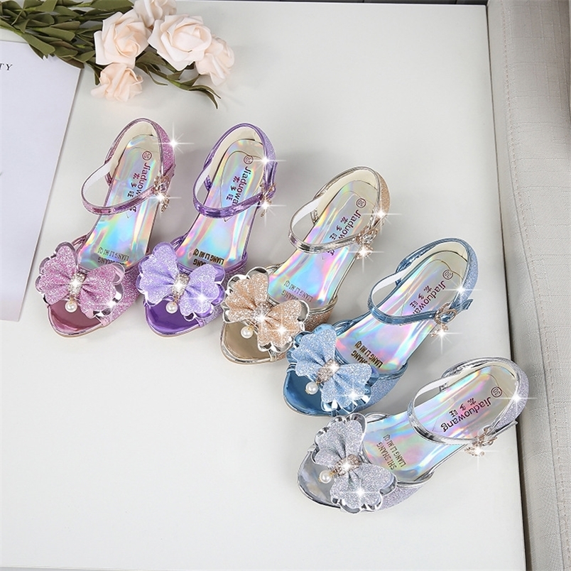 Sandals Children Fashion Sequins Princess Sandals Kids Girls Wedding Bowtie High Heels Dress Shoes Girls Birthday Party Dancing Shoes 230421