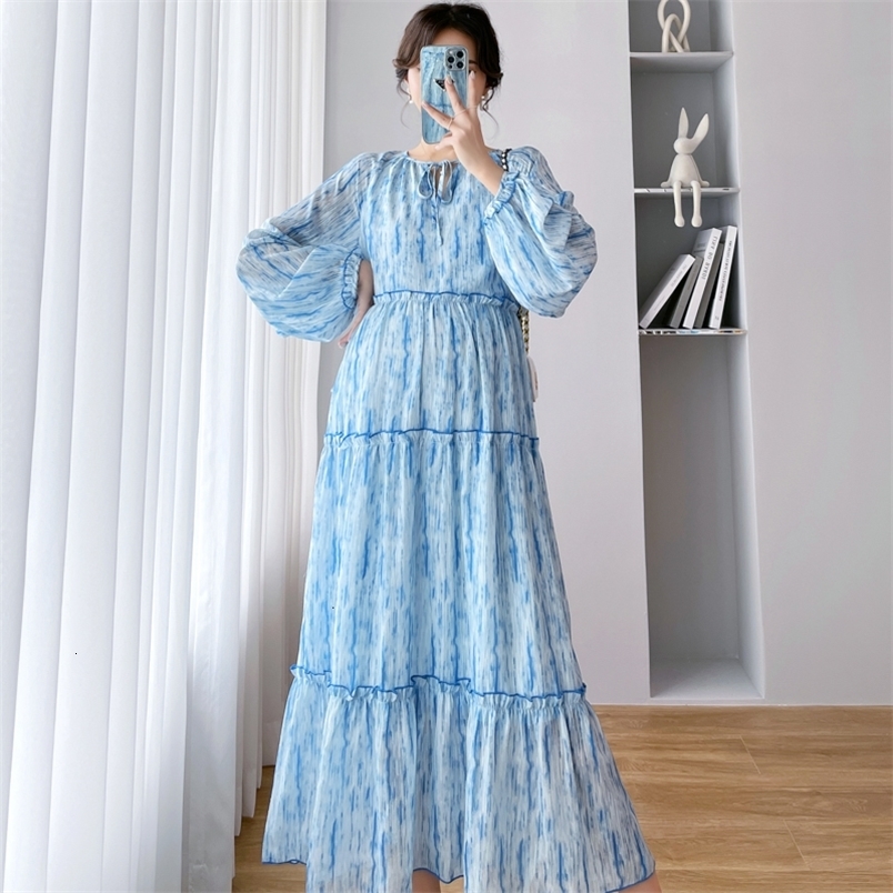 Maternity Dresses Elegant Maternity Women Dress Long Sleeves Pleated Chiffon Printing Loose Pregnant Winter Autumn Fashion Long Dress 230428CJ