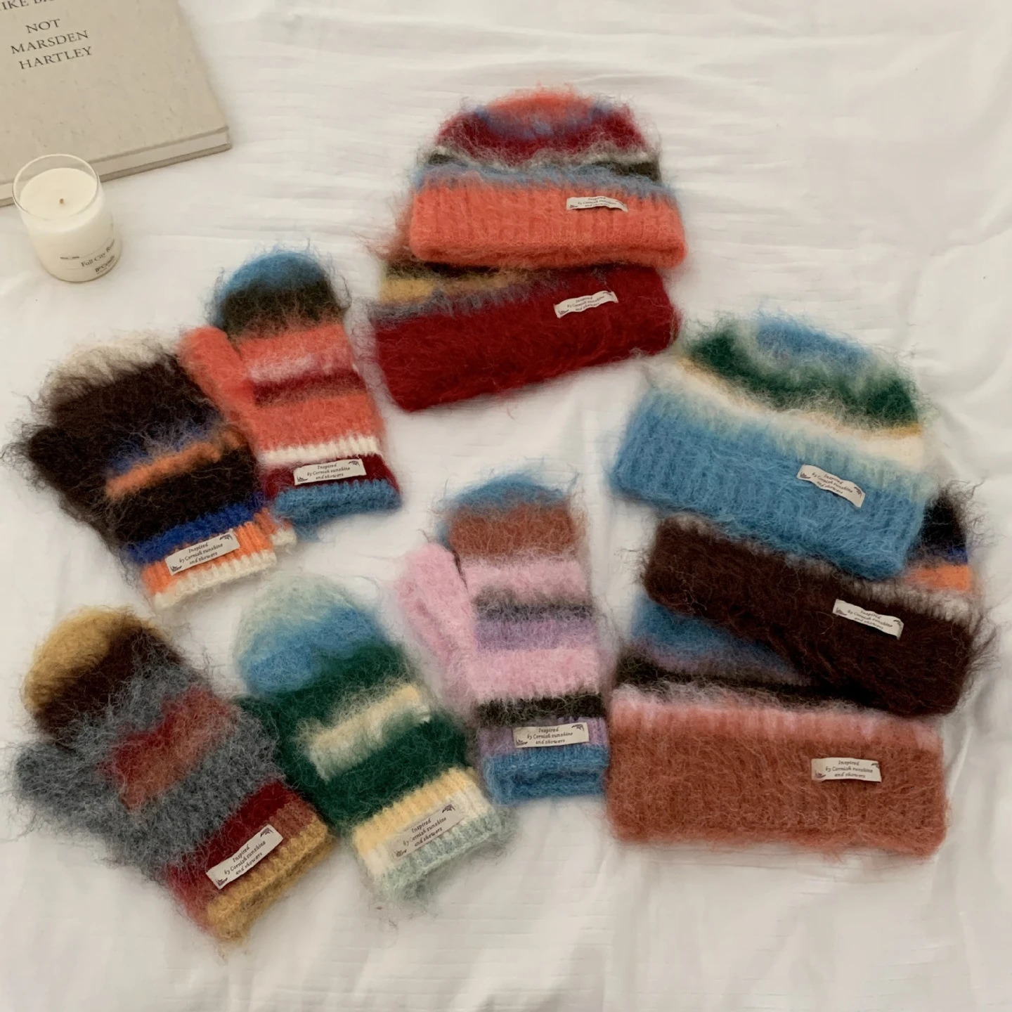 Korean Style Autumn and Winter Women Striped Fluffy Wool Beanie Cap Knitted Gloves Warm Suit Knitted Beanie 250930
