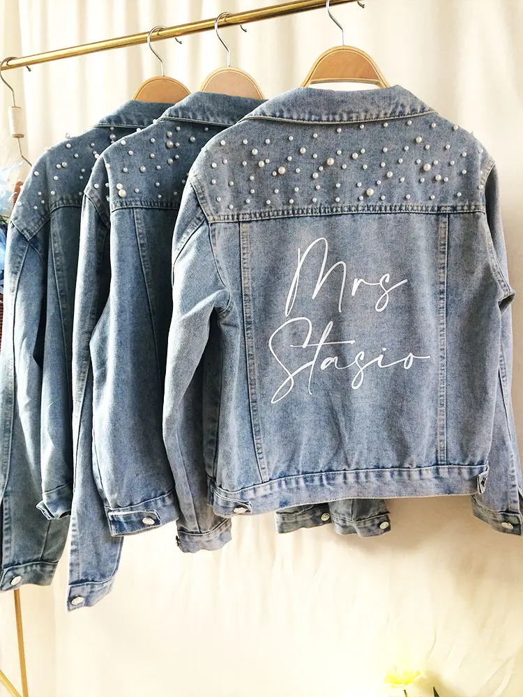 PERSONALIZED Statement Denim Bridal Jacket Custom Name Pearl Detailing MRS Date Placement On Collar Bride Gift y250929