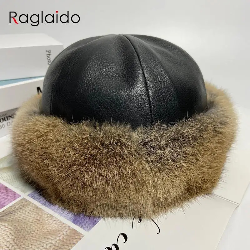 bunny hat women winter fluffy warm rabbit fur beanie hat men women leather caps real fur outdoor snow hat 250930